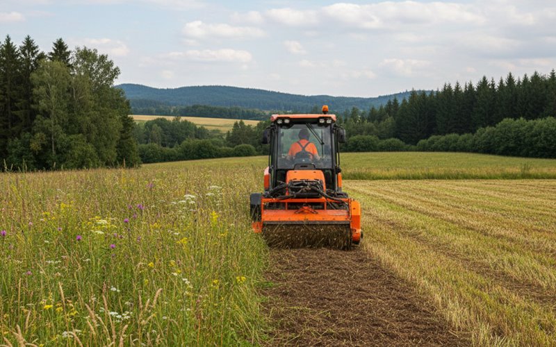 Detailná úprava zarastenej lúky mulčovaním, ktorá zanecháva pozemok čistý a pripravený na ďalšie využitie.