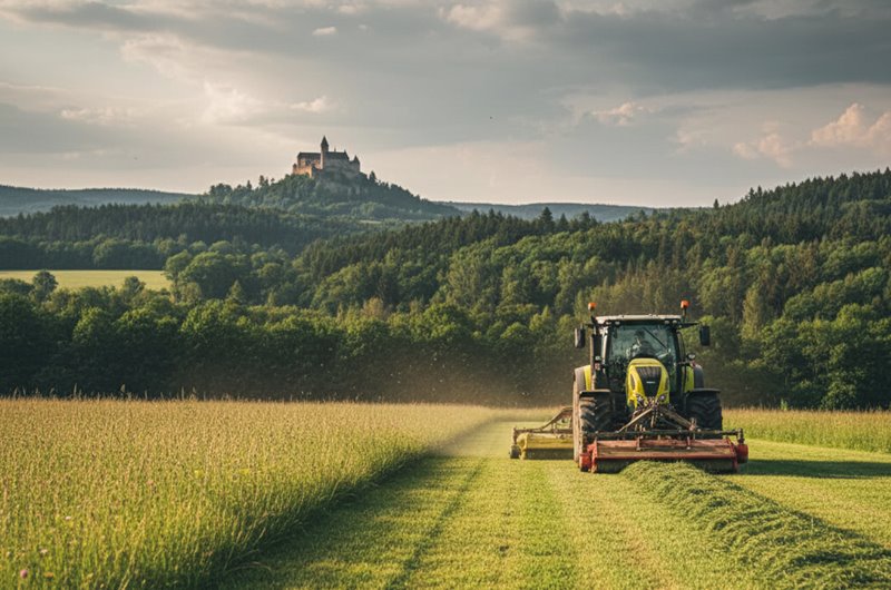 Úprava a čistenie pozemkov profesionálnou technikou v regióne Orava s výhľadom na Oravský hrad.