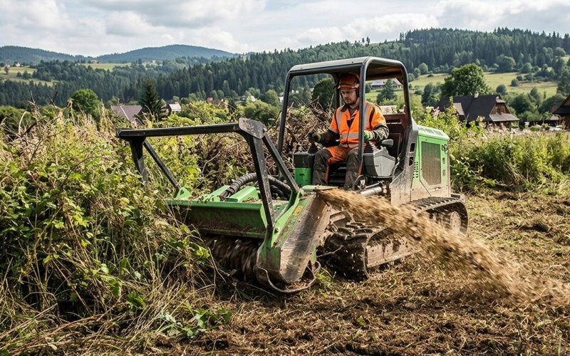 Výkonný pásový mulčovač pri likvidácii hustého krovia a divokej vegetácie v náročnom oravskom teréne.