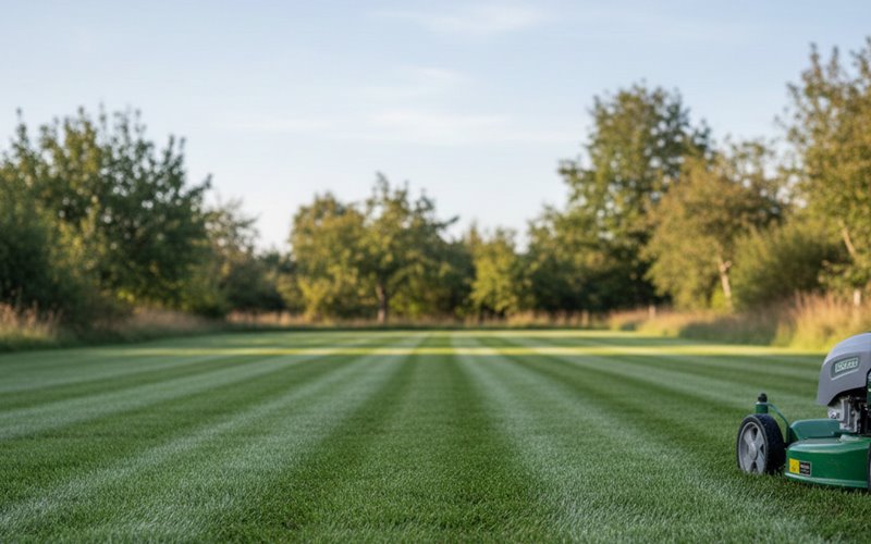 Detailný pohľad na okrasný trávnik s ozdobnými pruhmi po kosení vretenovou kosačkou na Orave.