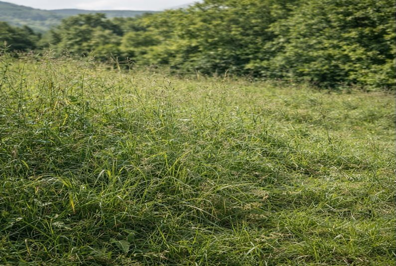Pohľad na neudržiavaný pozemok s vysokou a prerastenou trávou pred profesionálnym kosením.